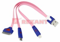 USB кабель 3 в 1 светящиеся Разъемы для iPhone 5/4/microUSB шнур 0.15М розовый Rexant 18-4251 фото
