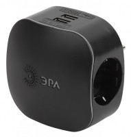 ЭРА SP-3e-USB-BLACK Черный Тройник 3гн 220V + 2xUSB 2100mA, c заземлением, со шторками Б0046364 фото