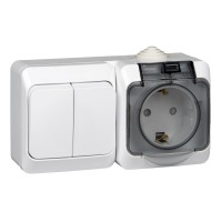 Этюд наружняя белый блок: розетка с заземлением, со шторками + выключатель 2-клавишный IP44 BPA16-242B фото