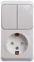 Этюд наружняя белый блок: розетка с заземлением, со шторками+выключатель 2-клавишный BPA16-202B фото